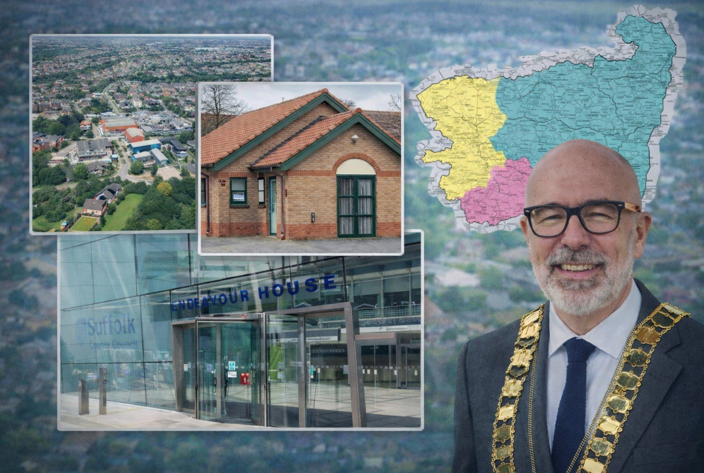 Composite image showing Kesgrave, local council buildings, a map of proposed council areas, and the Chair of Kesgrave Town Council.