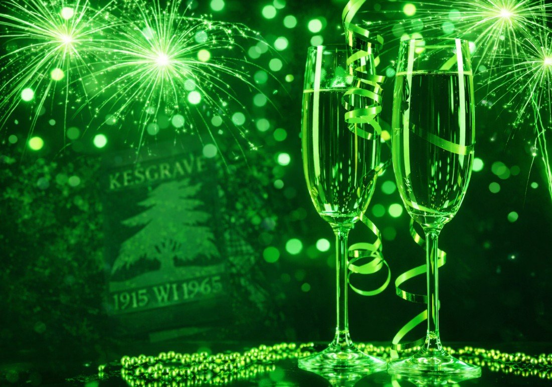 Green New Year celebration image with fireworks, champagne glasses, and an inset portrait representing a message from the Chair of Kesgrave Town Council