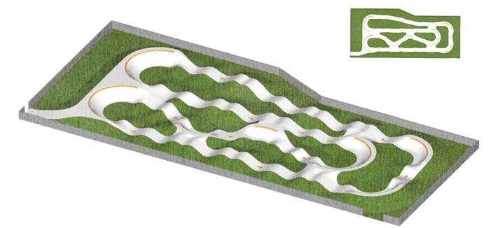 Artist’s impression of the approved Kesgrave Pump Track showing a fenced pump track layout with riders and surrounding green space at Millennium Sports Ground.
