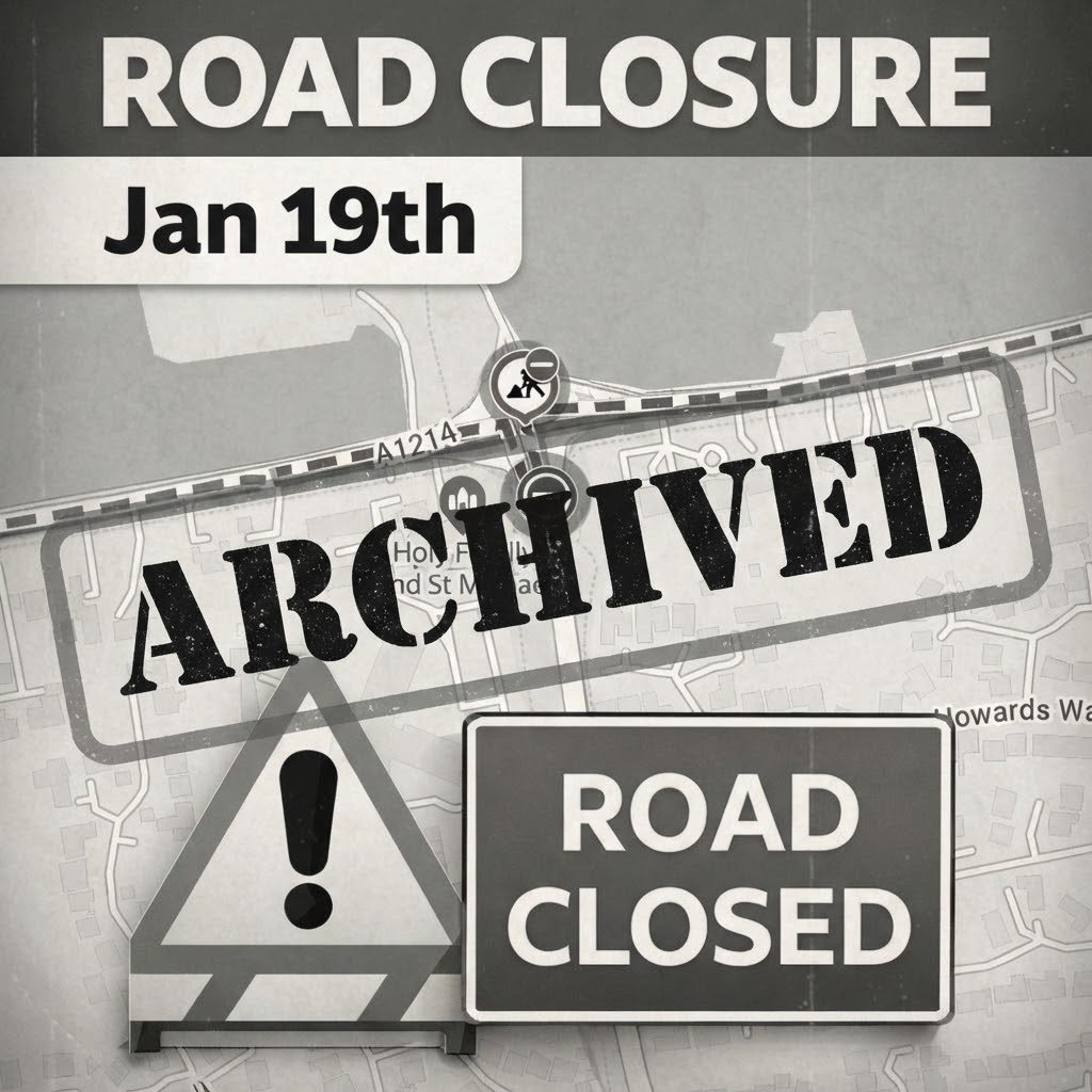 Map showing a planned road closure on Main Road (A1214) in Kesgrave near Holy Family and St Michael Church on 19 January